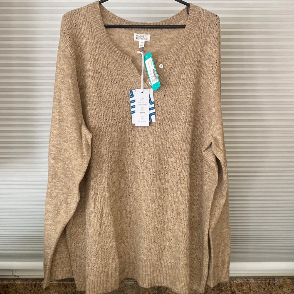 Market & Spruce Taupe Button Henley Novelty Stitch Sweater